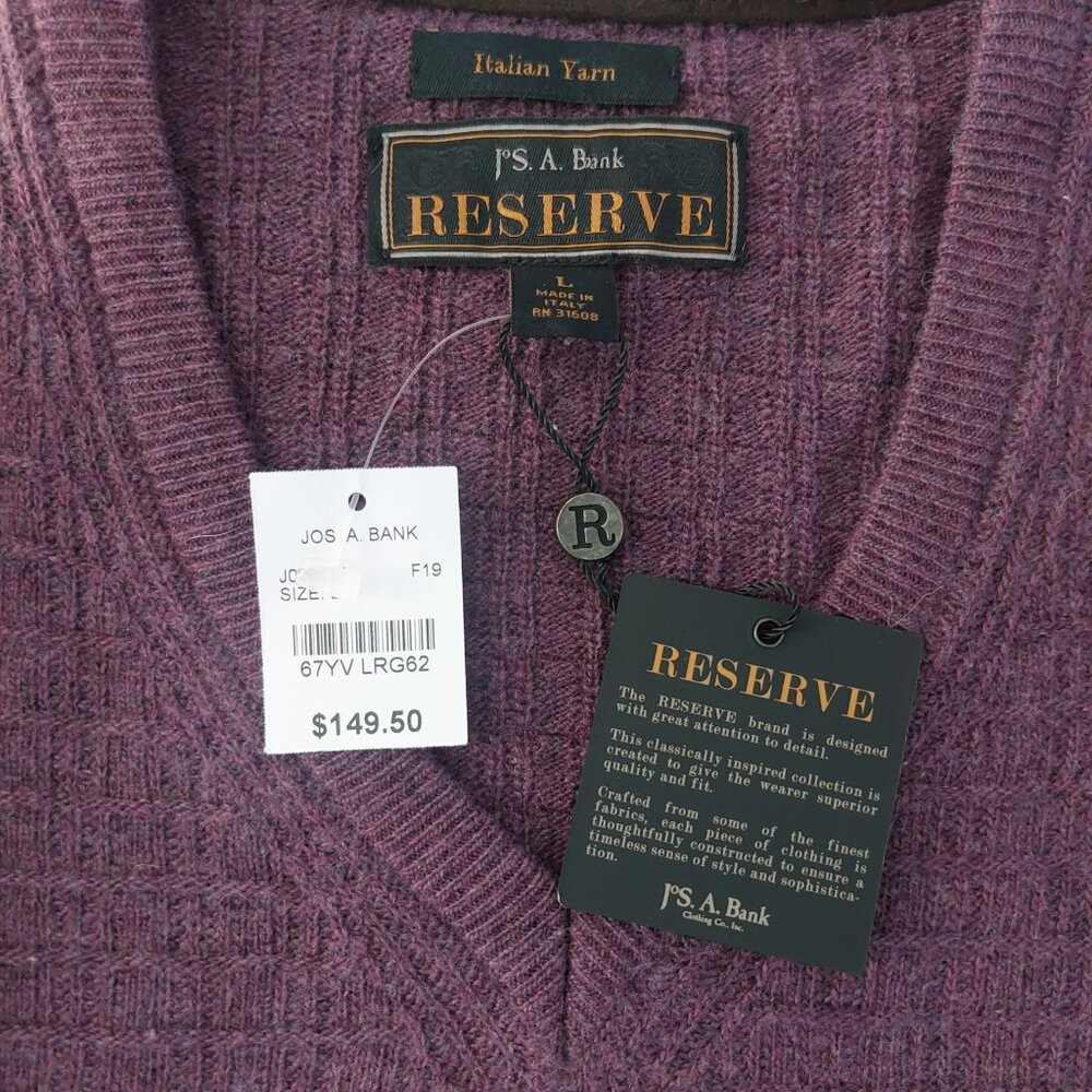 JoS. A. Bank Men's Wool Sweater L Burgundy Pullover V Neck Classic Menswear NEW - Picture 5 of 8